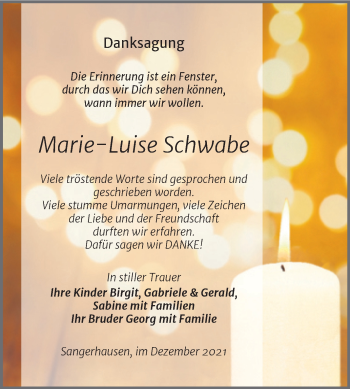 Traueranzeige von Marie-Luise Schwabe von Trauerkombi Sangerhausen