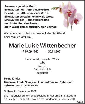Traueranzeige von Marie Luise Wittenbecher von Trauerkombi Weißenfels