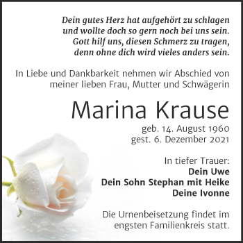Traueranzeige von Marina Krause von Trauerkombi Bitterfeld