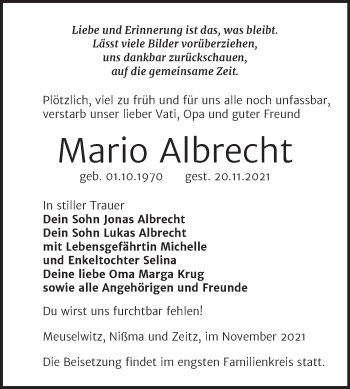 Traueranzeige von Mario Albrecht von Trauerkombi Zeitz