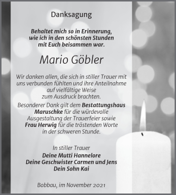 Traueranzeige von Mario Göbler von Trauerkombi Bitterfeld