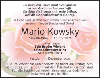 Traueranzeige von Mario Kowsky von Wochenspiegel Naumburg/Nebra