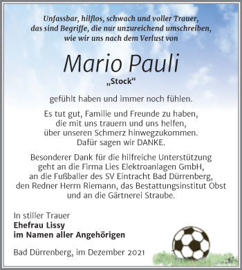 Traueranzeige von Mario Pauli von Trauerkombi Merseburg