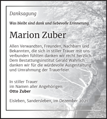 Traueranzeige von Marion Zuber von Trauerkombi Mansfelder Land