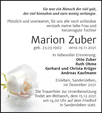 Traueranzeige von Marion Zuber von Trauerkombi Mansfelder Land
