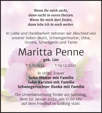 Traueranzeige von Maritta Penne von Trauerkombi Köthen