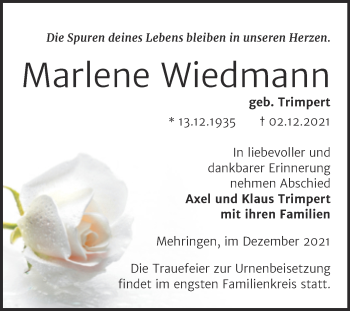 Traueranzeige von Marlene Wiedmann von Mitteldeutsche Zeitung Aschersleben
