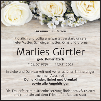 Traueranzeige von Marlies Gürtler von Trauerkombi Bitterfeld