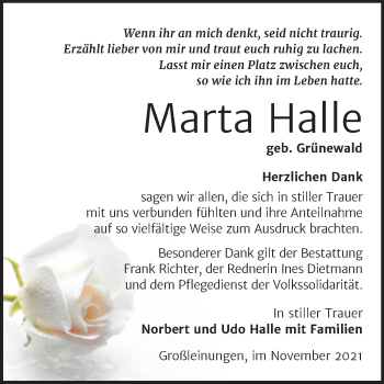 Traueranzeige von Marta Halle von Trauerkombi Sangerhausen