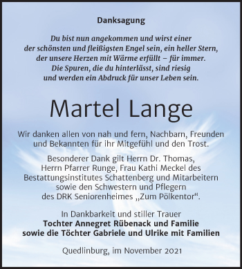 Traueranzeige von Martel Lange von Trauerkombi Quedlinburg