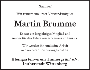 Traueranzeige von Martin Brumme von Super Sonntag Wittenberg