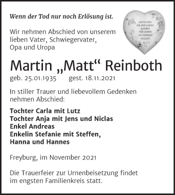 Traueranzeige von Martin Reinboth von Wochenspiegel Naumburg/Nebra
