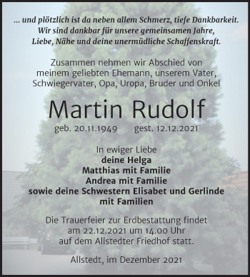 Traueranzeige von Martin Rudolf von Trauerkombi Sangerhausen