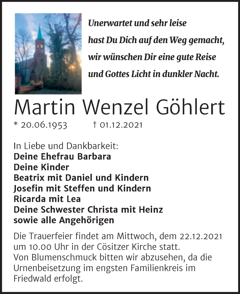  Traueranzeige für Martin Wenzel Göhlert vom 10.12.2021 aus Trauerkombi Köthen