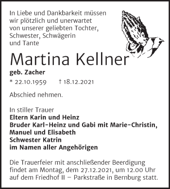 Traueranzeige von Martina Kellner von Trauerkombi Bernburg