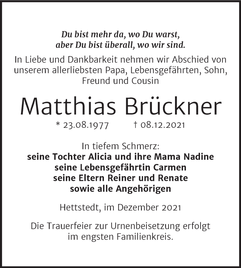  Traueranzeige für Matthias Brückner vom 18.12.2021 aus Trauerkombi Mansfelder Land