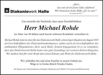 Traueranzeige von Michael Rohde von Mitteldeutsche Zeitung Halle/Saalkreis
