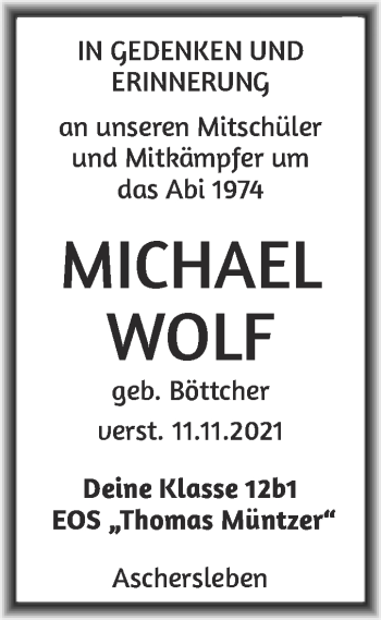 Traueranzeige von Michael Wolf von Trauerkombi Aschersleben