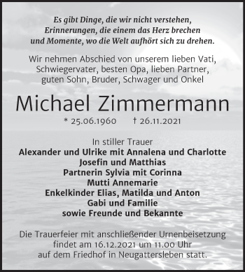 Traueranzeige von Michael Zimmermann von Trauerkombi Bernburg