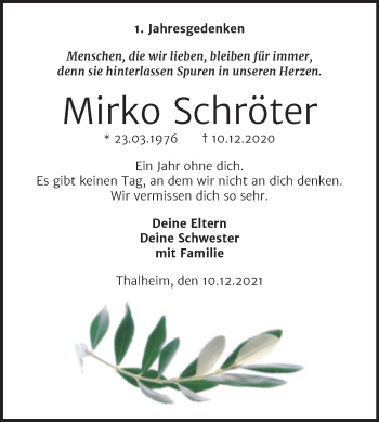 Traueranzeige von Mirko Schröter von Trauerkombi Bitterfeld
