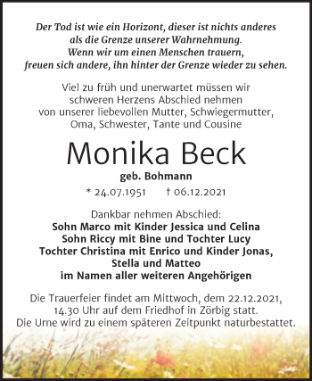 Traueranzeige von Monika Beck von Trauerkombi Bitterfeld