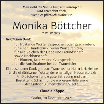 Traueranzeige von Monika Böttcher von Trauerkombi Wittenberg