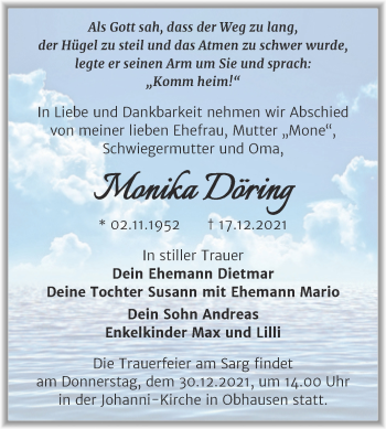 Traueranzeige von Monika Döring von Trauerkombi Merseburg