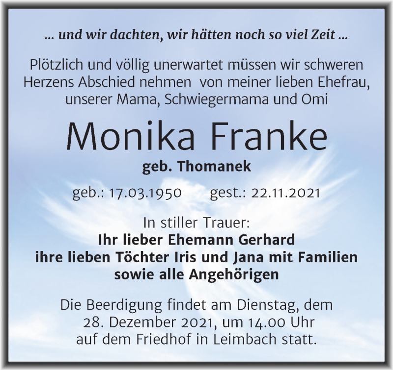  Traueranzeige für Monika Franke vom 18.12.2021 aus Trauerkombi Mansfelder Land