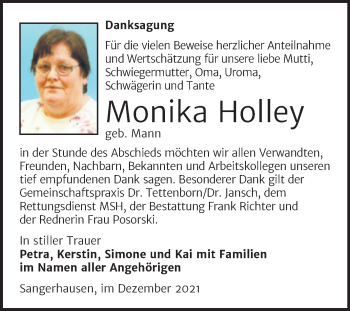 Traueranzeige von Monika Holley von Trauerkombi Sangerhausen