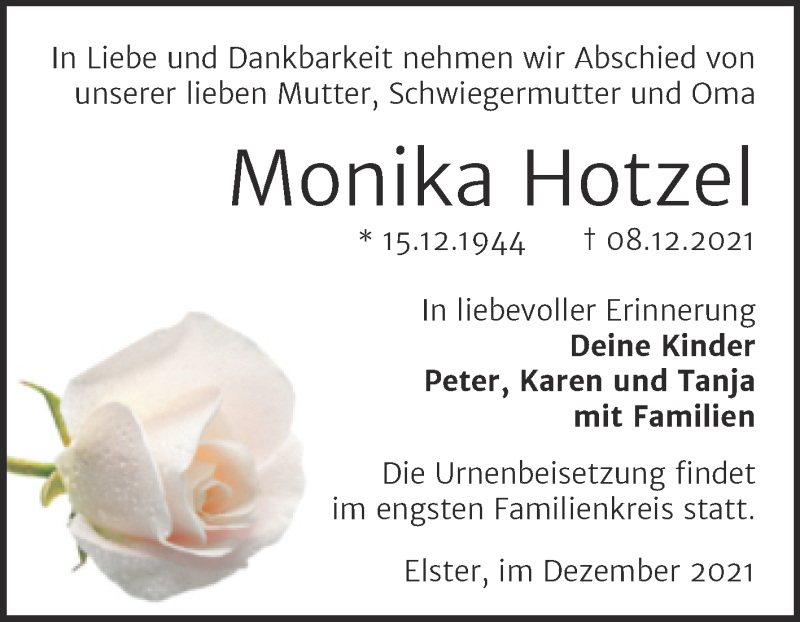  Traueranzeige für Monika Hotzel vom 18.12.2021 aus Trauerkombi Wittenberg