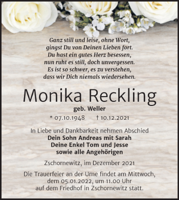 Traueranzeige von Monika Reckling von Trauerkombi Wittenberg