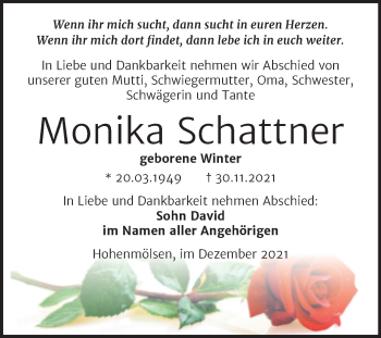 Traueranzeige von Monika Schattner von Trauerkombi Weißenfels