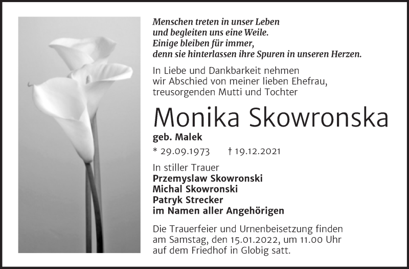  Traueranzeige für Monika Skowronska vom 31.12.2021 aus Trauerkombi Wittenberg