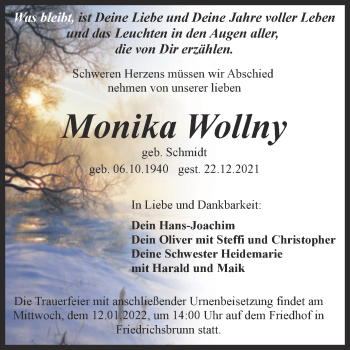 Traueranzeige von Monika Wollny von Trauerkombi Quedlinburg