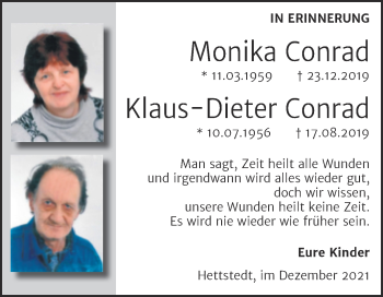 Traueranzeige von Monika und Klaus-Dieter Conrad von Trauerkombi Mansfelder Land