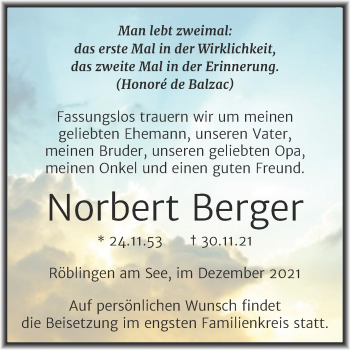 Traueranzeige von Norbert Berger von Trauerkombi Mansfelder Land
