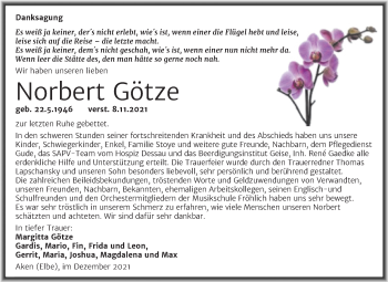 Traueranzeige von Norbert Götze von Trauerkombi Köthen