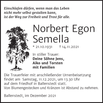 Traueranzeige von Norbert Egon Semella von Trauerkombi Quedlinburg