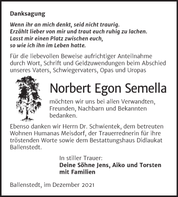 Traueranzeige von Norbert Egon Semella von Trauerkombi Quedlinburg