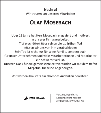 Traueranzeige von Olaf Mosebach von Mitteldeutsche Zeitung Halle/Saalkreis