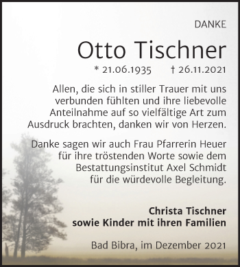 Traueranzeige von Otto Tischner von Wochenspiegel Naumburg/Nebra