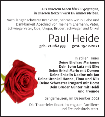 Traueranzeige von Paul Heide von Trauerkombi Sangerhausen