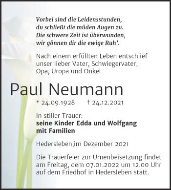 Traueranzeige von Paul Neumann von Trauerkombi Mansfelder Land