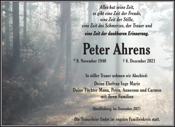 Traueranzeige von Peter Ahrens von Trauerkombi Quedlinburg