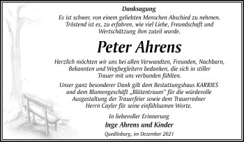 Traueranzeige von Peter Ahrens von Trauerkombi Quedlinburg