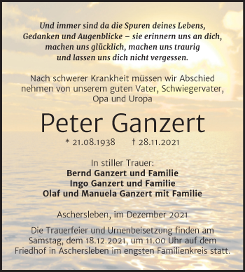 Traueranzeige von Peter Ganzert von Trauerkombi Aschersleben