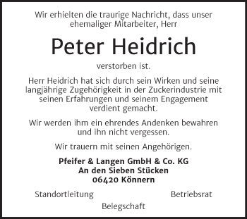 Traueranzeige von Peter Heidrich von Mitteldeutsche Zeitung Salzlandkreis
