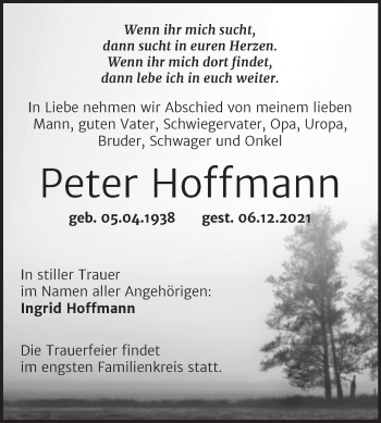 Traueranzeige von Peter Hoffmann von Trauerkombi Aschersleben