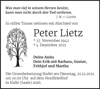 Traueranzeige von Peter Lietz von Mitteldeutsche Zeitung Halle/Saalkreis