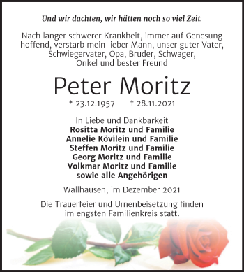 Traueranzeige von Peter Moritz von Super Sonntag Sangerhausen